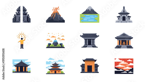Icon set of asian landmarks and natural wonders in flat design