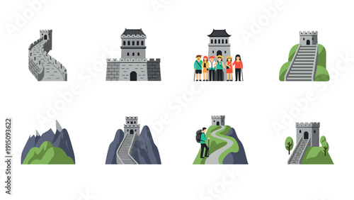 Great wall of china icon set: flat style landmarks and travelers