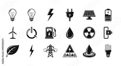 Set of Various Energy and Power Icons, Ideal for Environmental and Green Energy Concepts