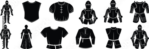 Medieval knight armor set, ancient warrior costume silhouettes, black helmet breastplate tunic clothing icons, vector illustration isolated on white background