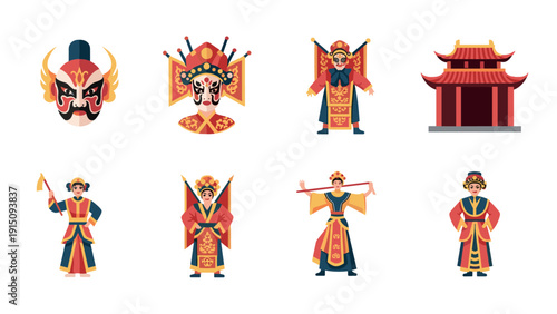 Traditional chinese opera characters and architecture in vibrant flat design