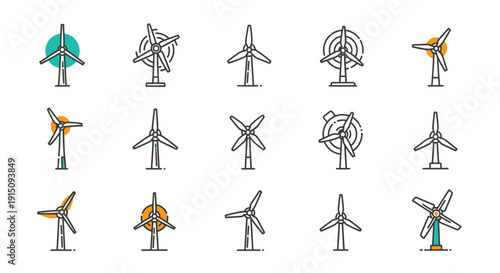 Set of wind turbine icons in various designs for renewable energy and environment projects