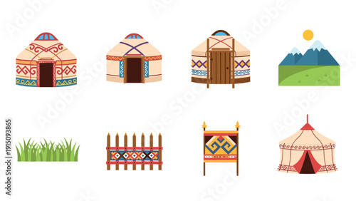 Traditional nomadic tents and decorative elements in flat design