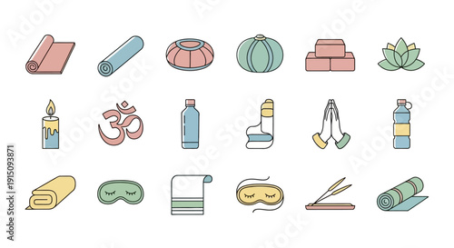 Set of Yoga, Meditation, and Wellness Icons Depicting Practices for Relaxation