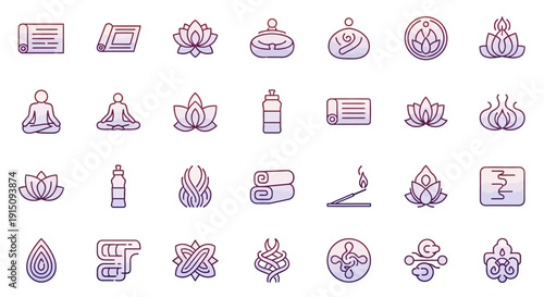 Set of Yoga and Meditation Icons Depicting Well-being, Harmony, and Relaxation Practices