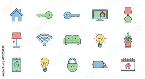 Smart home automation illustration featuring various icons for everyday technology, design