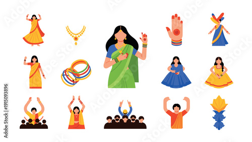 Colorful traditional indian dance and culture icons in flat design