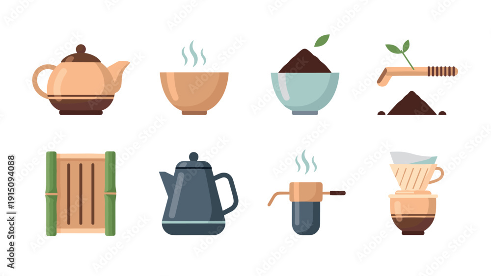 custom made wallpaper toronto digitalFlat tea and coffee icons collection with teapot and bamboo elements
