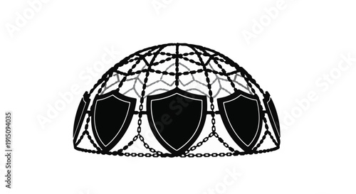 Black and white illustration of futuristic dome with shield protection symbols on white background, representing security and defense concept
