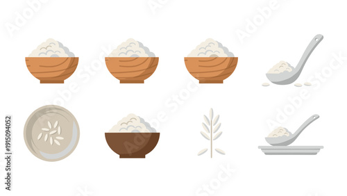 Flat design rice icon set: bowls, plates, and spoons with grains and stalks