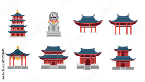 Traditional asian architecture icons: pagodas, gates, and statues in flat design