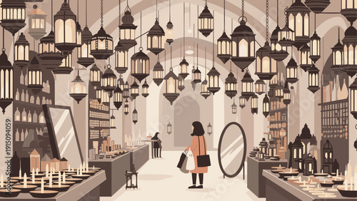 Elegant market scene with hanging lanterns in modern flat design
