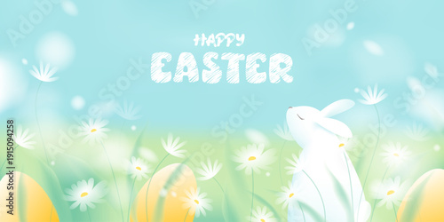 Spring landscape with green field, white flowers, blue sky, white clouds. Sunny warm day. Happy Easter greeting card with eggs, rabbit. Egg hunt. Blurred, unfocused gradient natural background. 