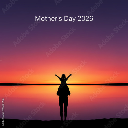 A woman stands in silhouette against a vibrant sunset on Mother's Day 2026 with arms raised in joy