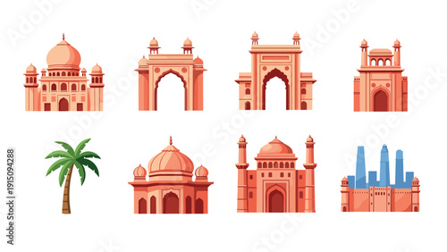 Iconic indian architectural landmarks set featuring famous monuments and historical gates in flat design