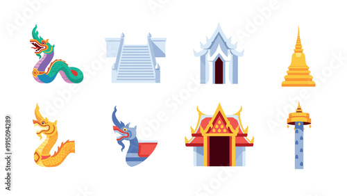 Thai cultural symbols with architectural and mythical elements in flat design