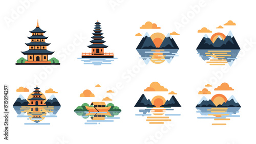 Flat design asian pagodas and landscapes at sunset