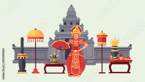 Traditional balinese ceremony with temple and dancer in cultural attire
