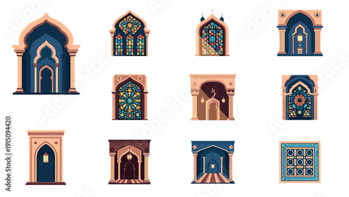 Elegant set of islamic architecture elements featuring arches and stained glass windows