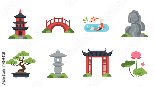 Traditional asian inspired icons with pagoda, bonsai, and koi elements in flat design