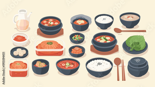 Flat korean food set with rice, soup, kimchi, and vegetables in minimalist style
