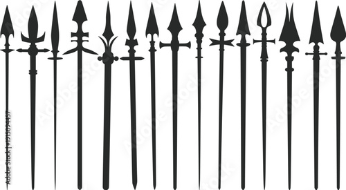Medieval spear and halberd silhouettes set, ancient polearm weapons collection, black warrior arms vector illustration isolated on white background