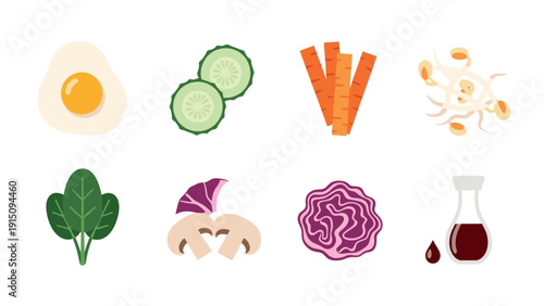 Flat style ingredients: eggs, vegetables, and sauce for fresh cooking