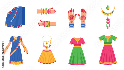 Traditional indian attire and accessories set featuring sari, jewelry, and clothing elements