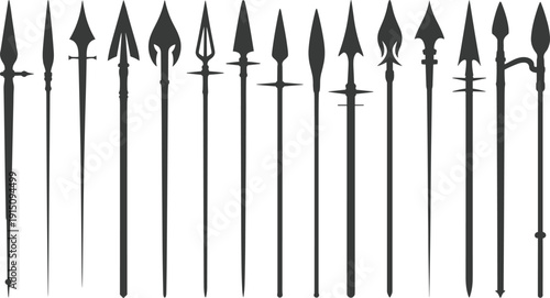 Medieval spear and halberd silhouettes collection, ancient polearm weapons set, black vector illustration isolated on white background, historical armor design elements