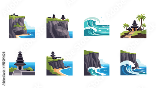 Scenic coastal and ocean landscapes with cliffside temples and waves