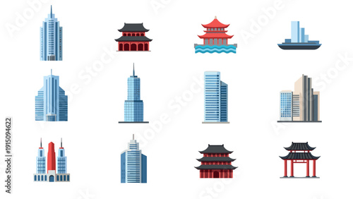Modern and traditional architecture icons in flat style featuring urban and asian structures