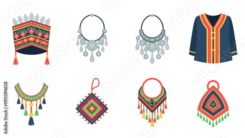 Traditional ethnic accessories and clothing set with colorful patterns and intricate designs