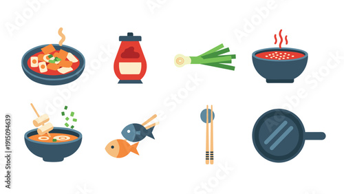 Flat style asian cuisine icons featuring soup, spices, and chopsticks