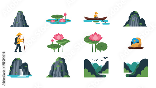 Tranquil nature icons: lotus, mountains, and travel adventures