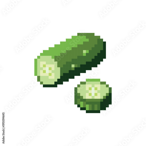 Pixel art green cucumber with a sliced piece isolated on white background