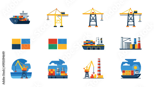 Colorful icons of cargo ships, cranes, and containers for maritime transport