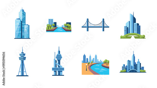 Modern urban landmarks and cityscape elements with bridges and skyscrapers in flat design