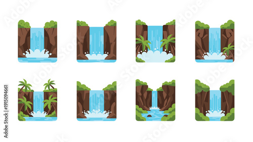 Flat design waterfall icons set featuring scenic natural landscapes with lush greenery