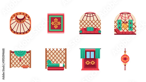 Traditional yurt interior elements with colorful decor and furniture