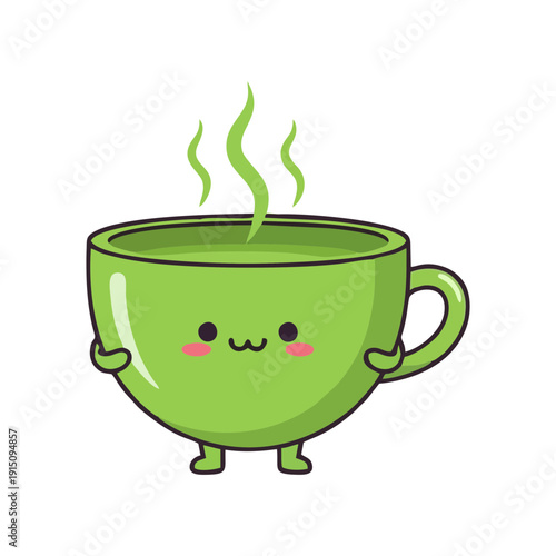 A steaming green cup of tea with a smiling face, anthropomorphic design, isolated on a plain background, illustrated from a straight-on viewpoint