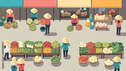 Vibrant outdoor market scene with fresh produce and vendors in traditional hats