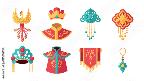 Traditional chinese clothing and accessories icons in flat design