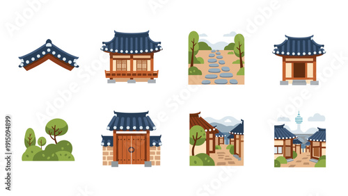 Traditional korean architecture and scenic landscapes in flat design