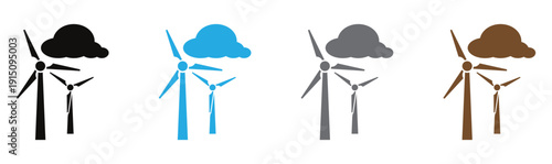 Four wind turbines with colorful smoke effects isolated on white background for clean energy concept