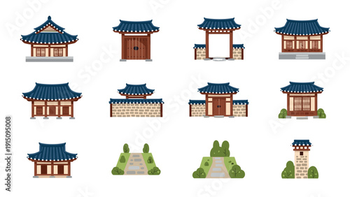 Traditional korean architecture elements with iconic roofs and stone walls