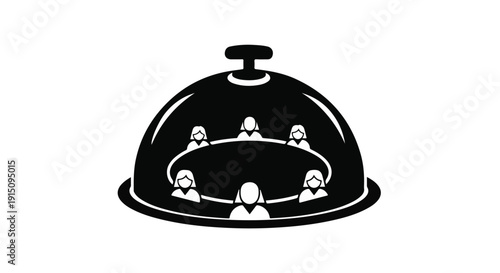 Business team meeting under covered serving dish concept, partnership and collaboration symbol, modern illustration for corporate, teamwork, and strategy
