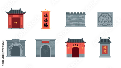 Traditional chinese architecture elements and cultural symbols in flat design