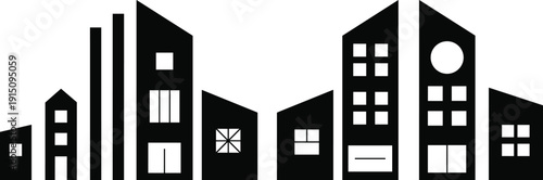 Modern city skyline silhouette set, urban buildings and skyscrapers icons, black vector illustration isolated on white background, contemporary architecture design