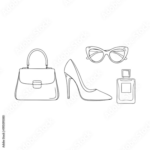 Fashion accessories including handbag, shoe, sunglasses, and perfume bottle displayed together, showcasing elegant style and luxury items in a simple line art illustration