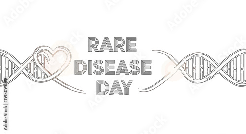 Gray illustration of DNA helix with a heart symbol and 'RARE DISEASE DAY' text on a white background, supporting awareness for genetic disorders and orphan diseases with a solidarity